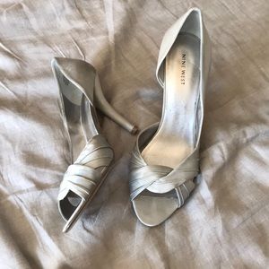 Nine West Grey/Silver Satin Heels